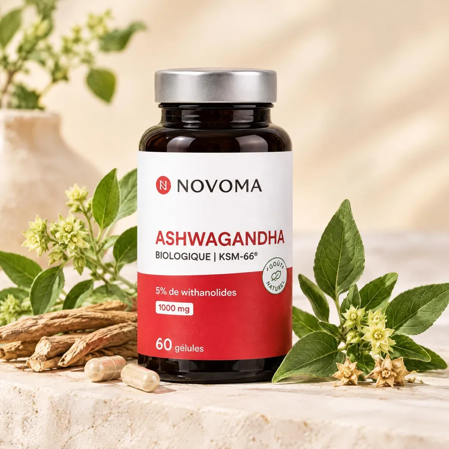 Flacon d'Ashwagandha biologique KSM-66 Novoma, 60 gélules